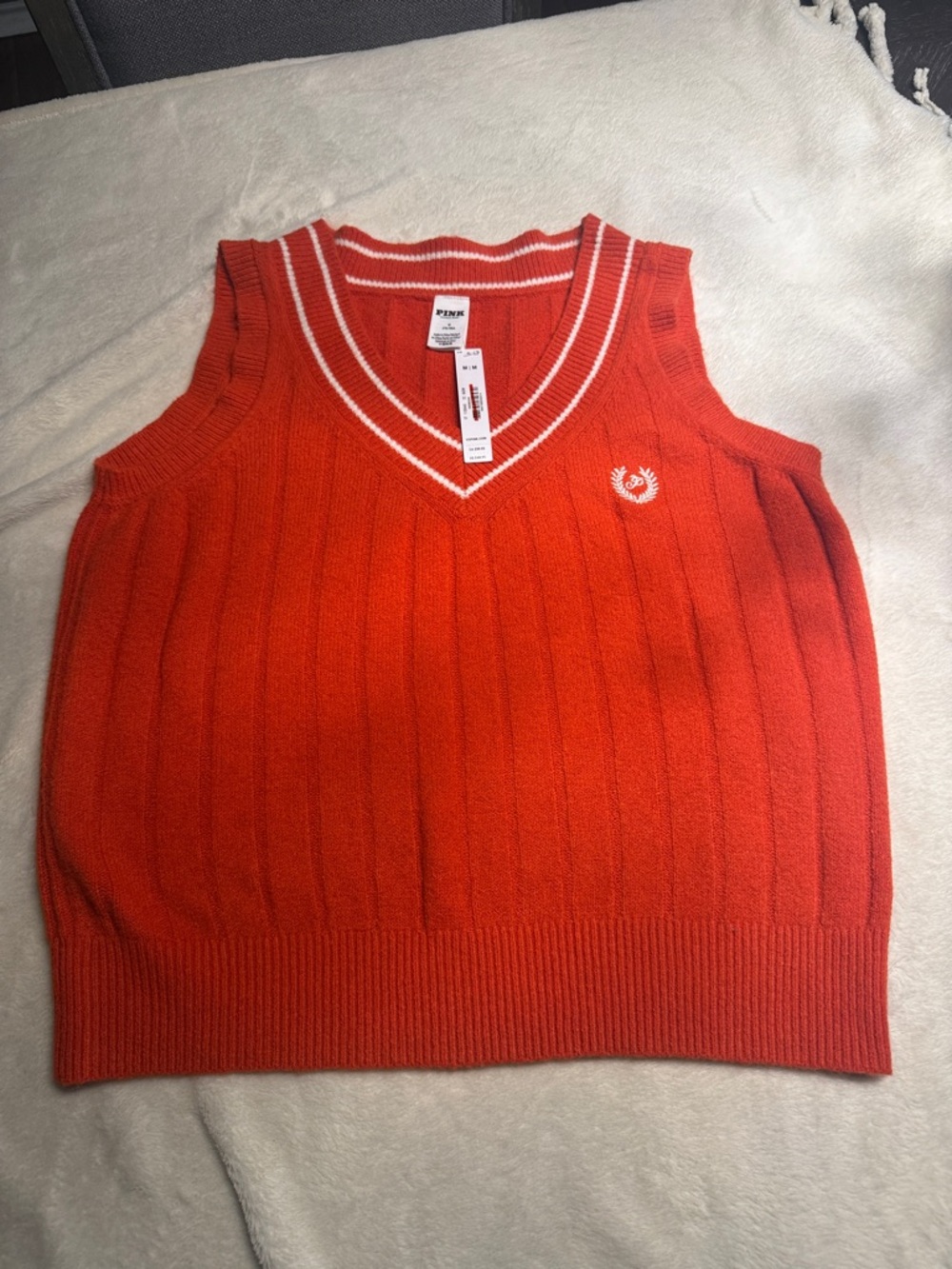 PINK Victoria's Secret Orange V-Neck Sweater Vest with White Stripes